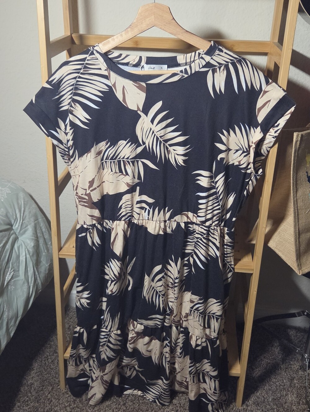 Wiholl Black Beige Tropical Palm Leaf Tiered Dress XL